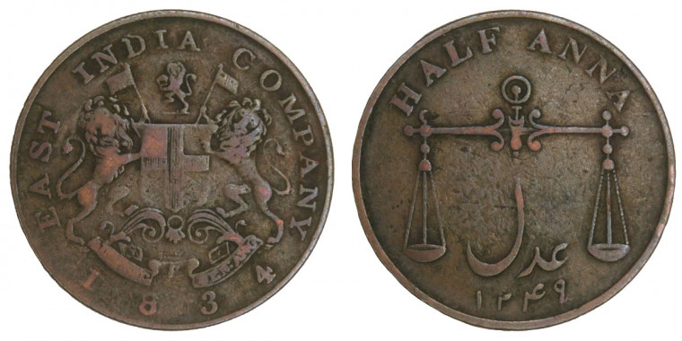 East India Company,½ Anna- 1834 # lots 4