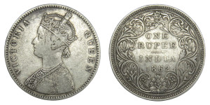 Victoria Queen, One Rupee - 1862 ( 0/5 Dot )