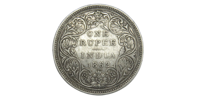 Victoria Queen, One Rupee - 1862 ( 0/5 Dot )