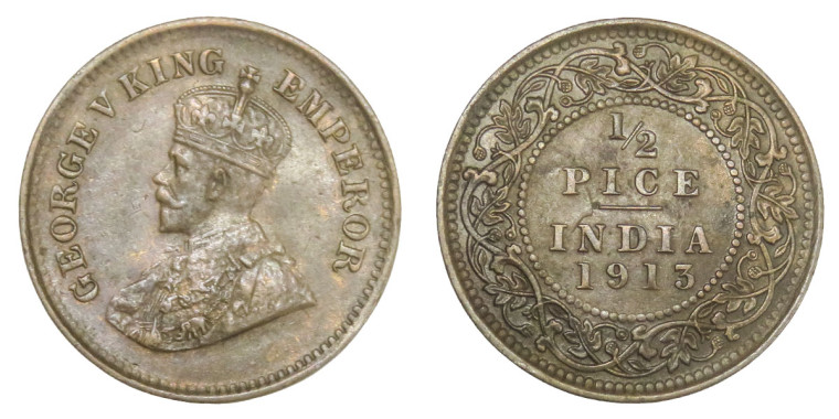 George V King Emperor, 1/2 PICE -1913 # Lot 4