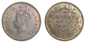 George VI King, One Quarter Anna -1938 # Lot 2