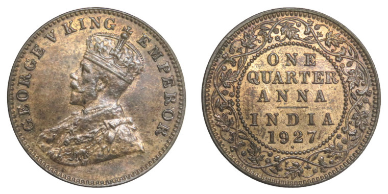 George V King Emperor, One Quarter Anna -1927 # lots 4