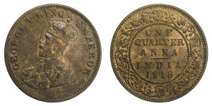 George V King Emperor, One Quarter Anna -1918 # Lot 8