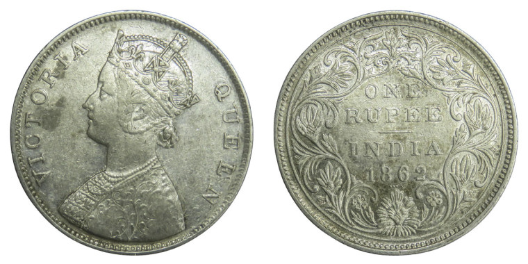 Victoria Queen, One Rupee - 1862 - 0/3 DOT