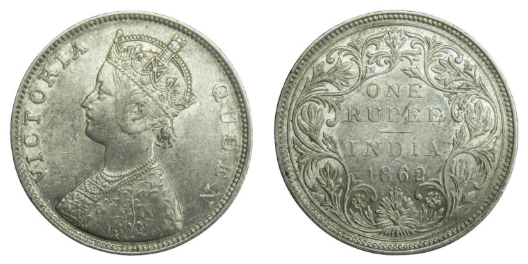 Victoria Queen, One Rupee - 1862 # 4 -  0/3 DOT