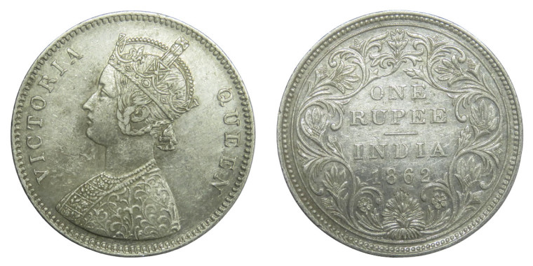 Victoria Queen, One Rupee - 1862 # 3 - 0/5 DOT