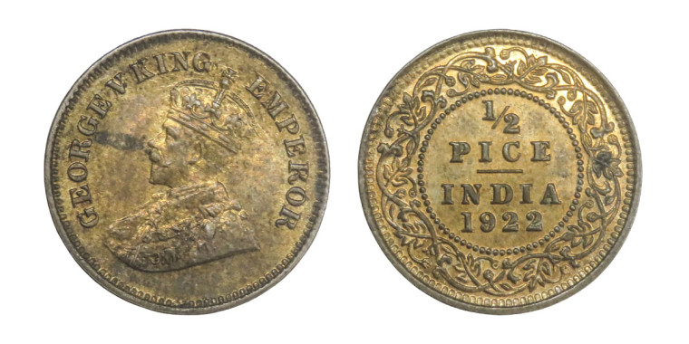 George V King Emperor, 1/2 PICE -1922 # 2